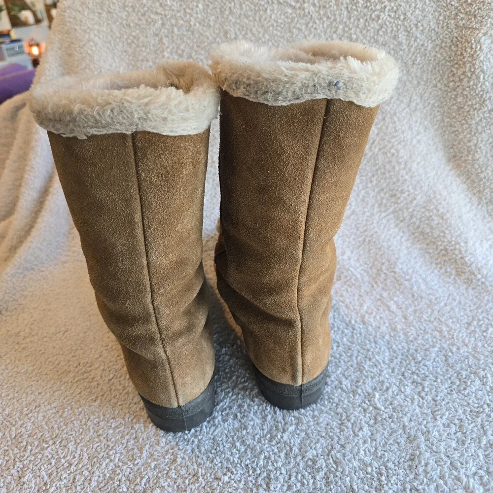 Vtg Yodelers Women's Brown Suede Winter Boots Faux Fur Trim Apres-ski Retro Boho